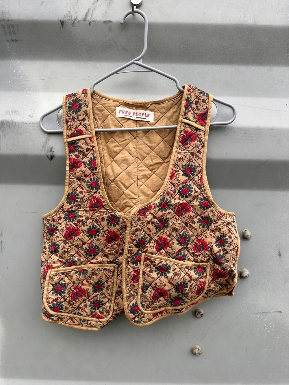 Vintage Free People Quilted Floral Vest - Tan with Red & Green Print